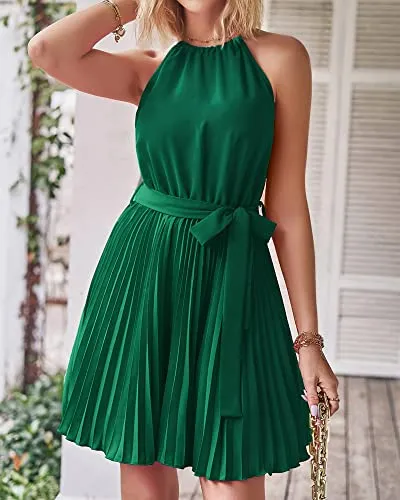 BTFBM Women 2023 Summer Casual Halter Neck A-Line Dress Sleeveless Belted Swing Pleated Cocktail Party Beach Mini Dresses(Solid Green, Medium)