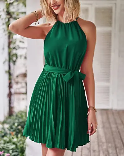 BTFBM Women 2023 Summer Casual Halter Neck A-Line Dress Sleeveless Belted Swing Pleated Cocktail Party Beach Mini Dresses(Solid Green, Medium)