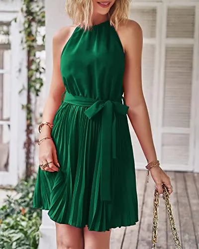 BTFBM Women 2023 Summer Casual Halter Neck A-Line Dress Sleeveless Belted Swing Pleated Cocktail Party Beach Mini Dresses(Solid Green, Medium)