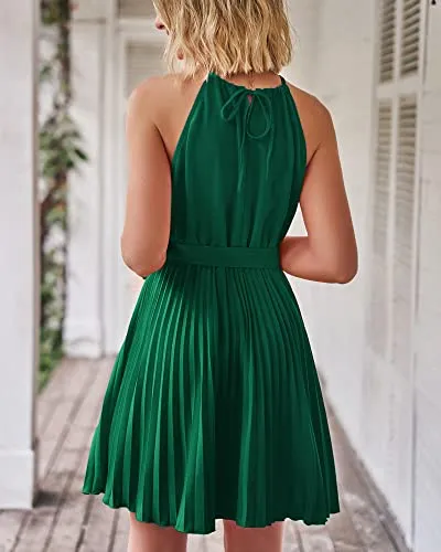 BTFBM Women 2023 Summer Casual Halter Neck A-Line Dress Sleeveless Belted Swing Pleated Cocktail Party Beach Mini Dresses(Solid Green, Medium)