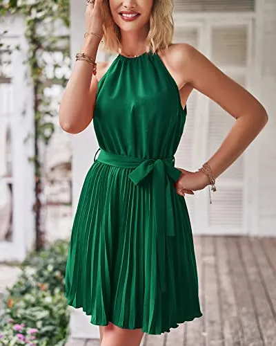 BTFBM Women 2023 Summer Casual Halter Neck A-Line Dress Sleeveless Belted Swing Pleated Cocktail Party Beach Mini Dresses(Solid Green, Medium)