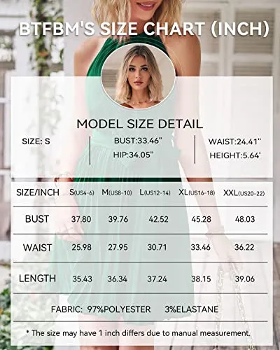 BTFBM Women 2023 Summer Casual Halter Neck A-Line Dress Sleeveless Belted Swing Pleated Cocktail Party Beach Mini Dresses(Solid Green, Medium)