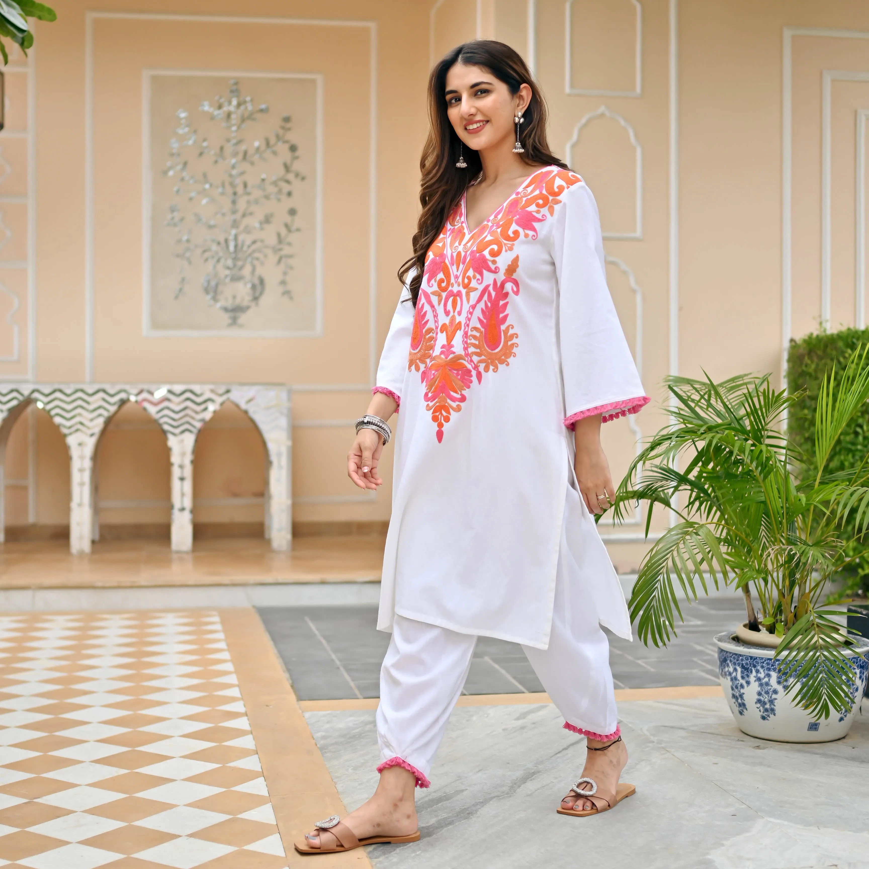 Bunaai White Pink Embroidered Co-ord Set