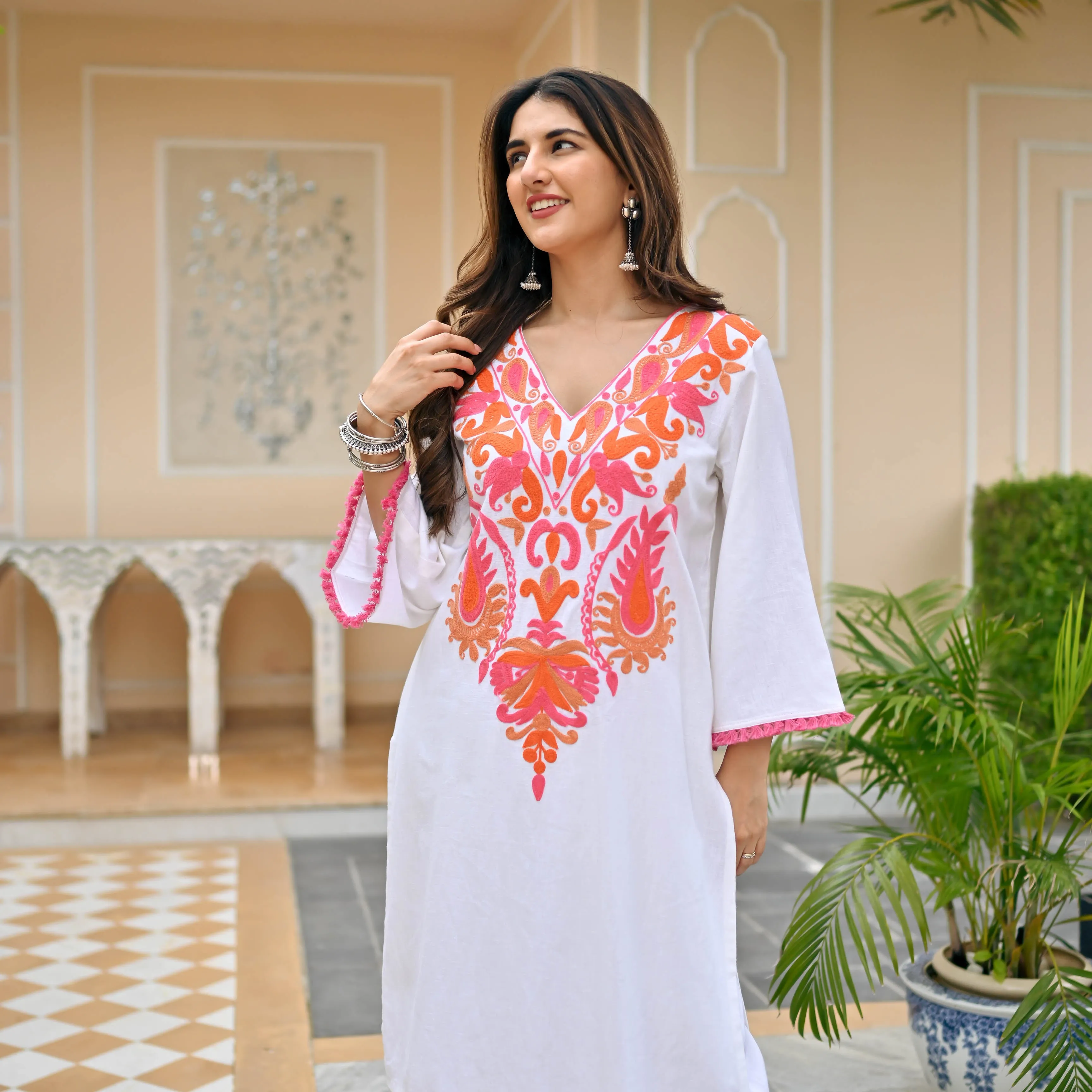 Bunaai White Pink Embroidered Co-ord Set