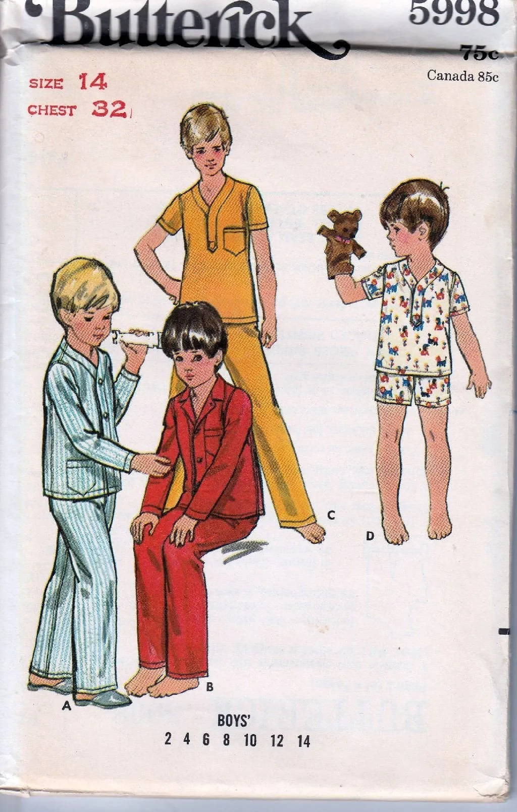 Butterick 5998 Vintage 1970's Sewing Pattern Boys Pajamas Two Piece