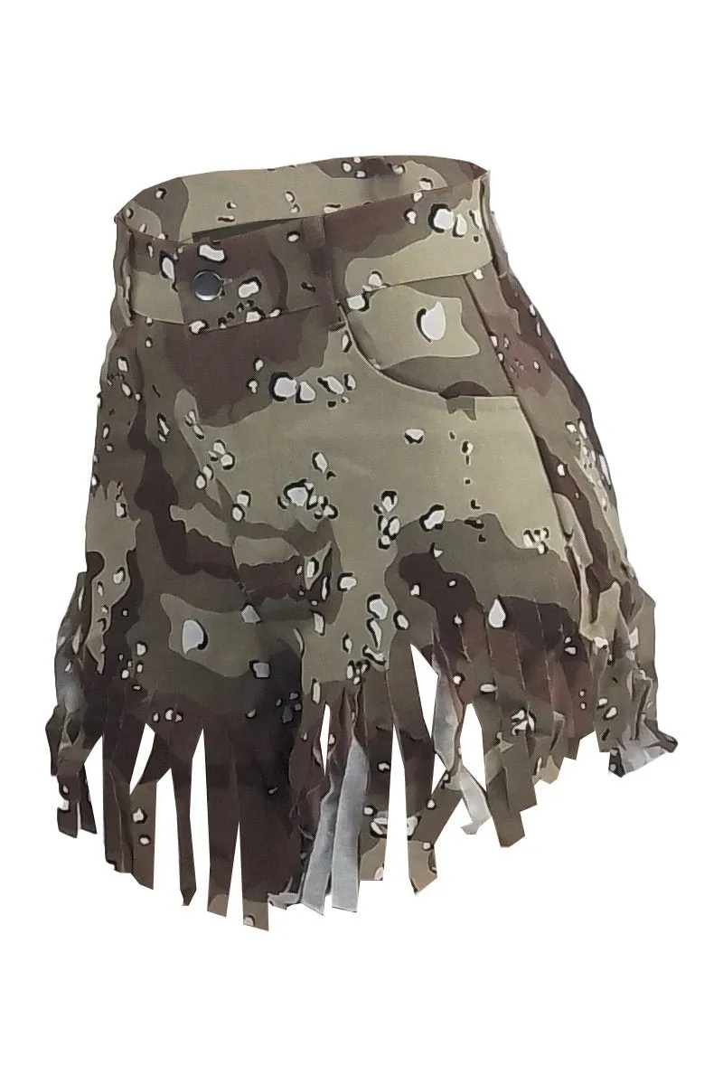 Camouflage Print High Waist Fringe Hem Short