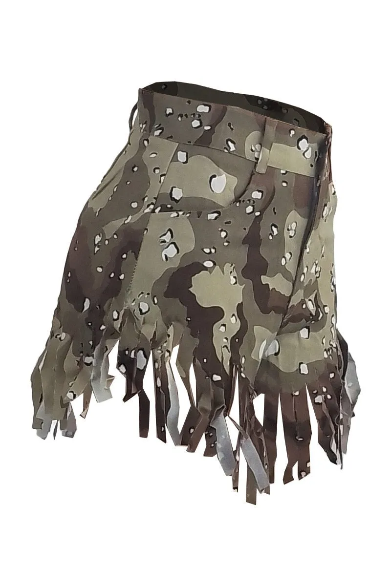 Camouflage Print High Waist Fringe Hem Short