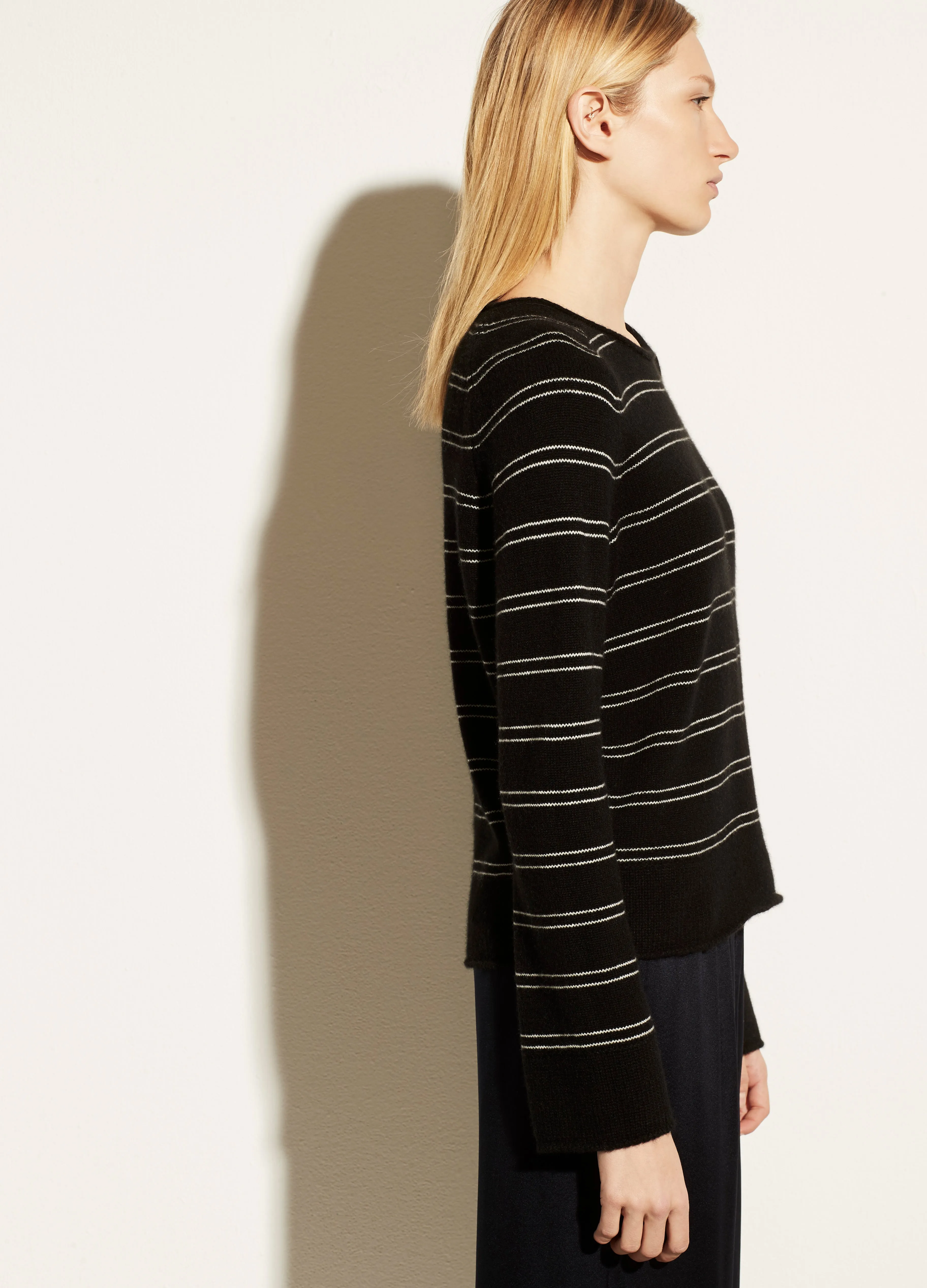 Cashmere Railroad Stripe Long Sleeve in Black/Off White