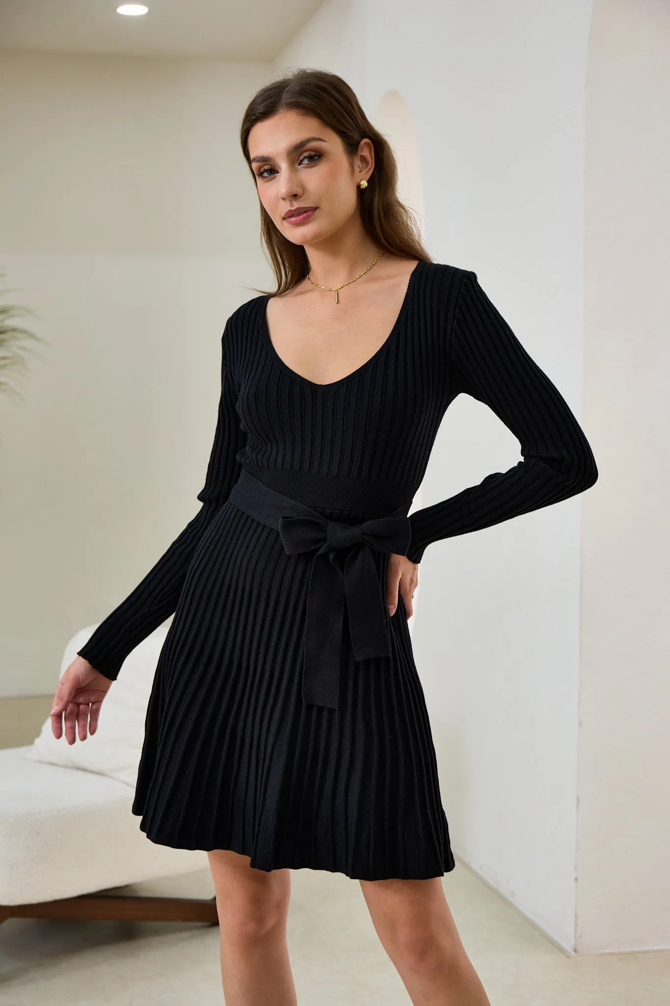 Cina Black Pleated Knit Mini Dress