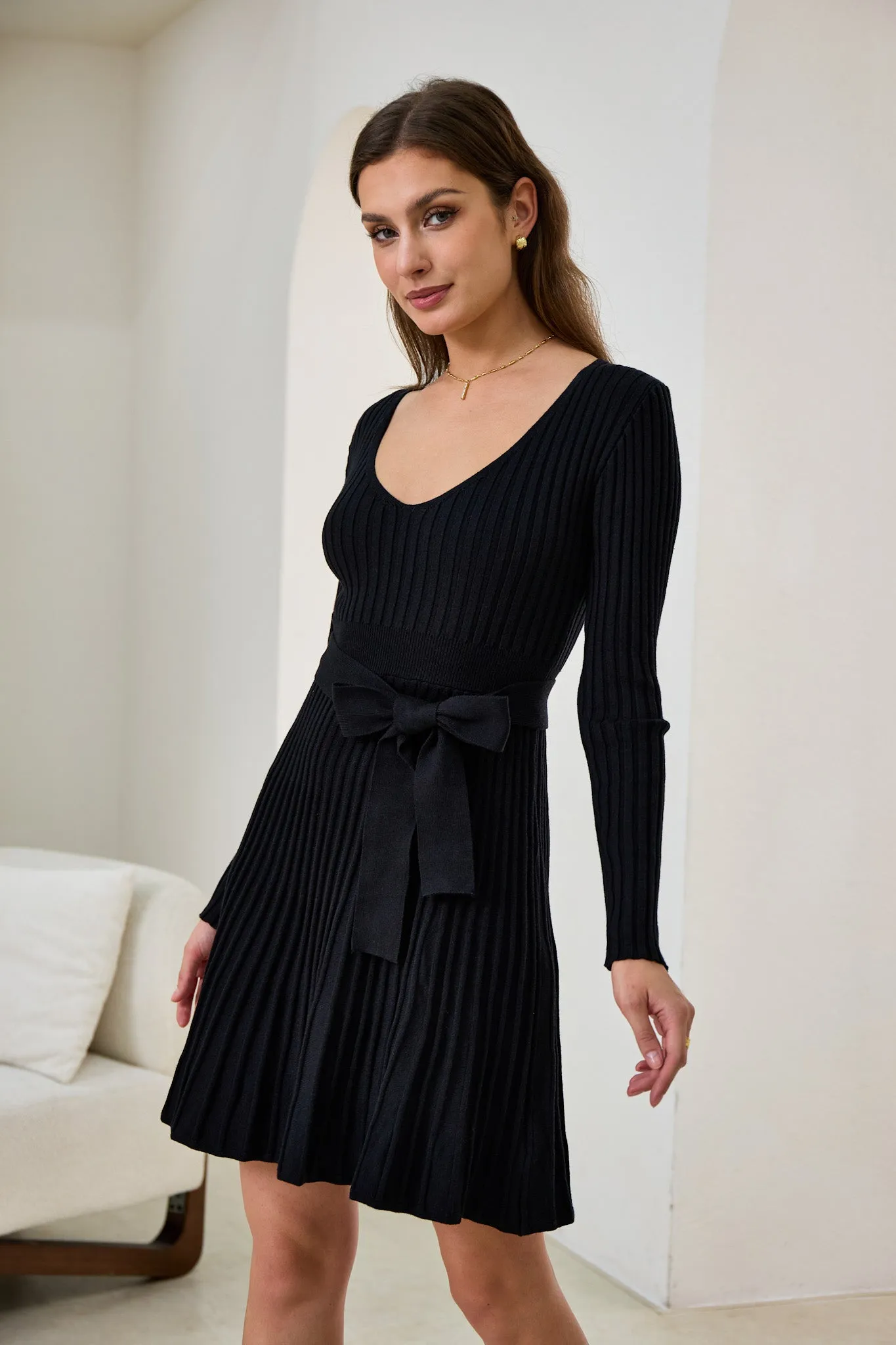 Cina Black Pleated Knit Mini Dress