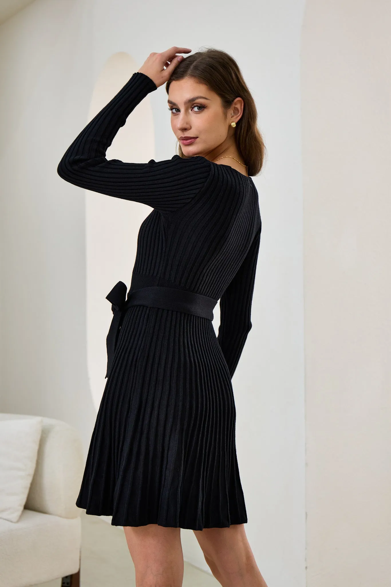 Cina Black Pleated Knit Mini Dress