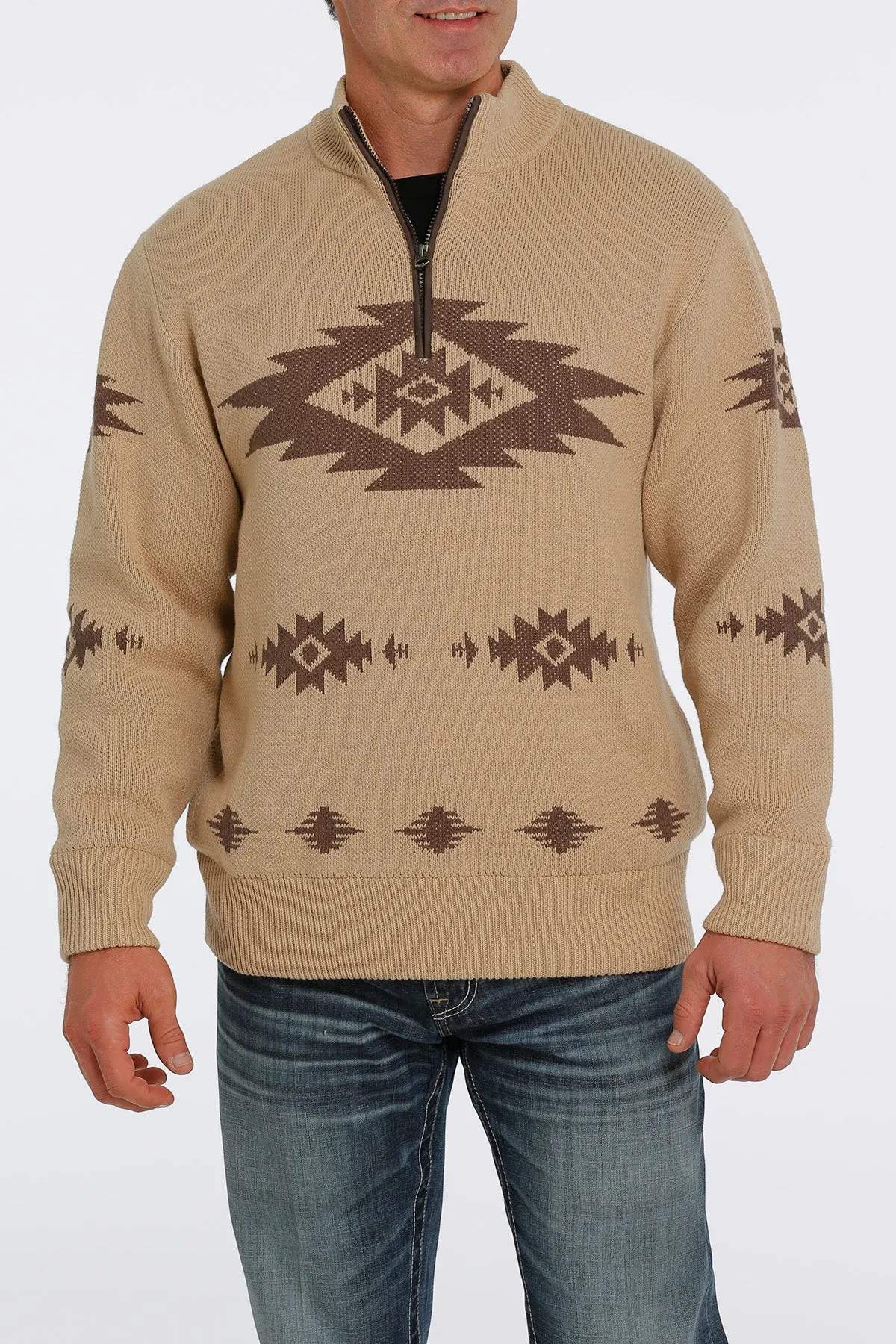 Cinch Men's Khaki Aztec Print 1/4 Zip Sweater