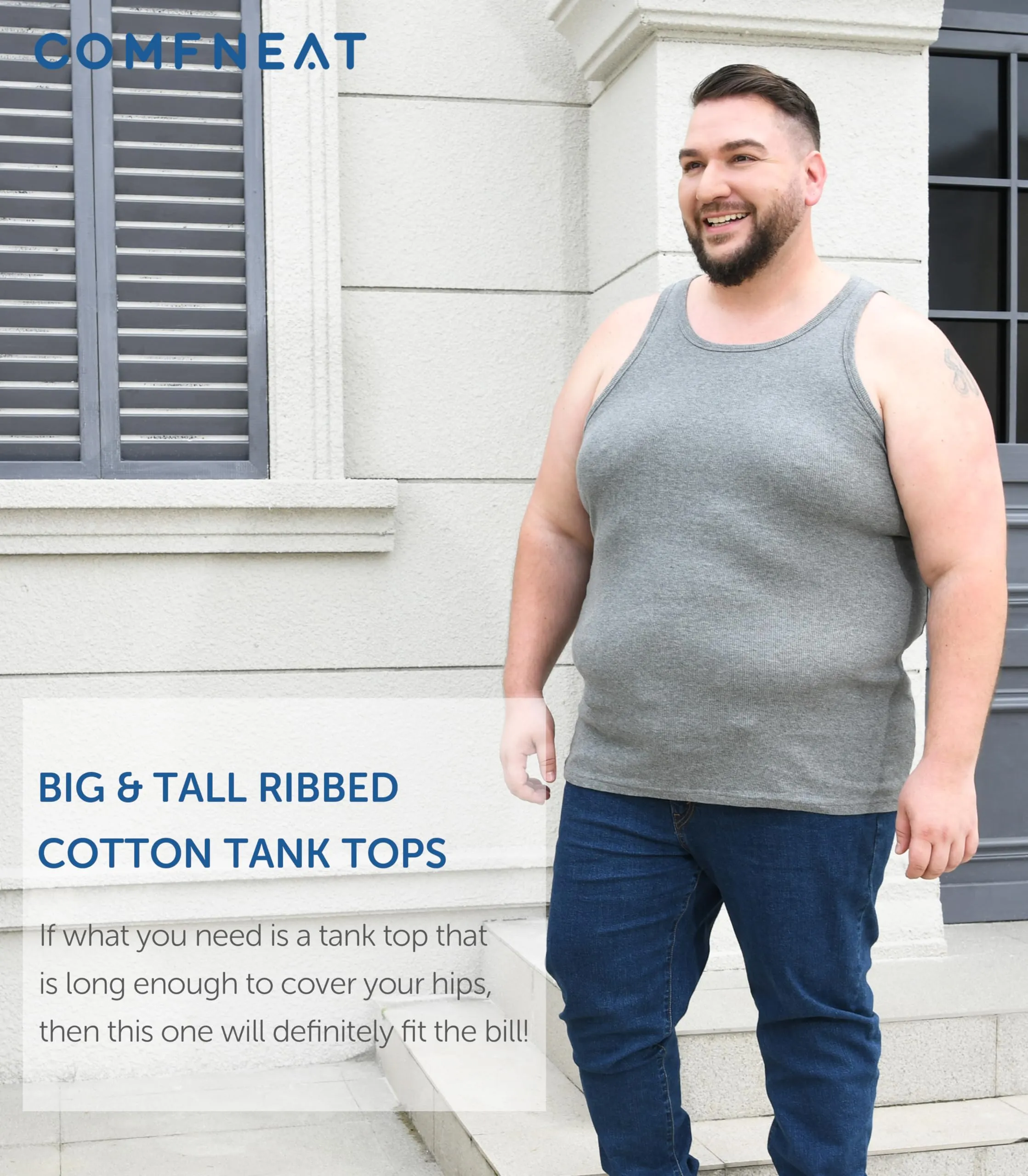 Comfneat Men's 4-Pack Big & Tall Undershirts Ribbed Cotton Tank Tops