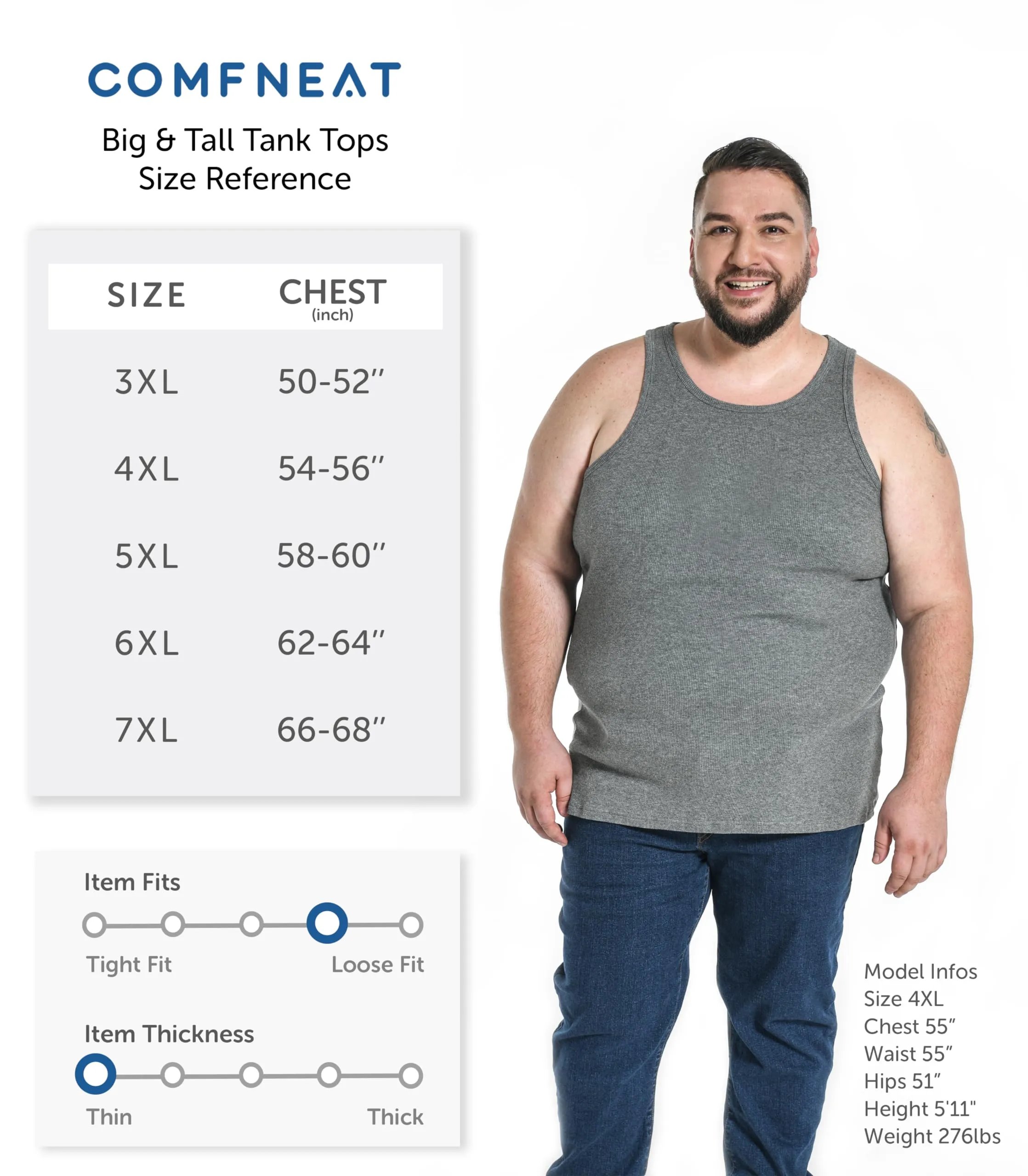 Comfneat Men's 4-Pack Big & Tall Undershirts Ribbed Cotton Tank Tops