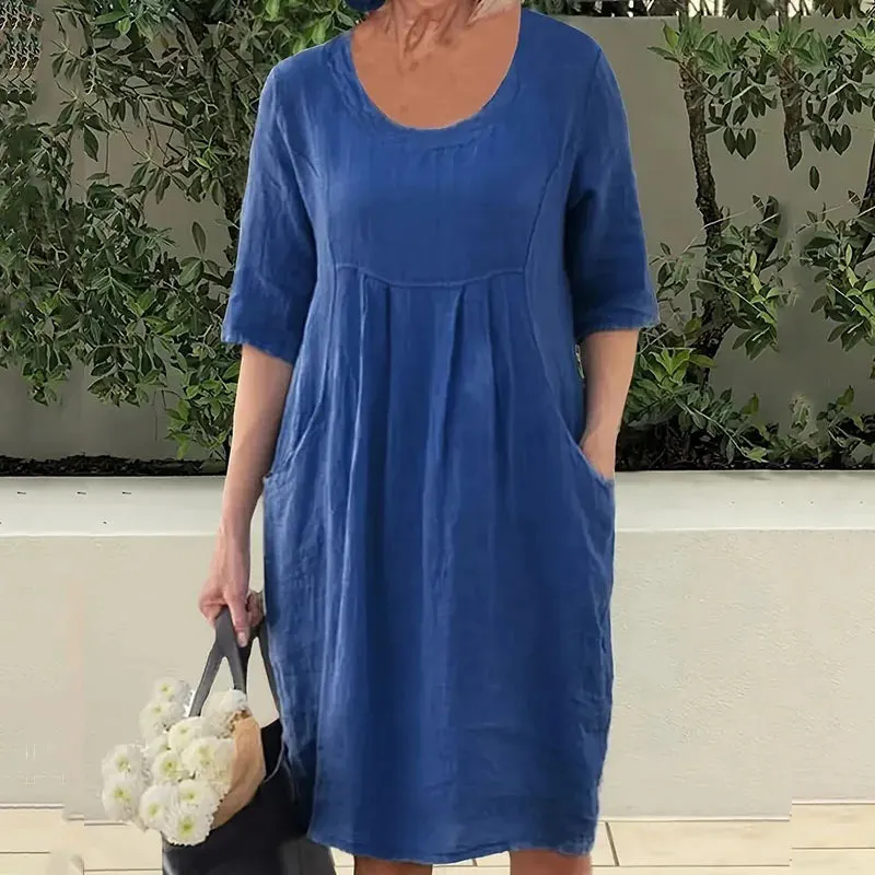 Cotton Linen Pullover Elegant Solid Half Sleeve Loose Midi Elegant Fashion Dress