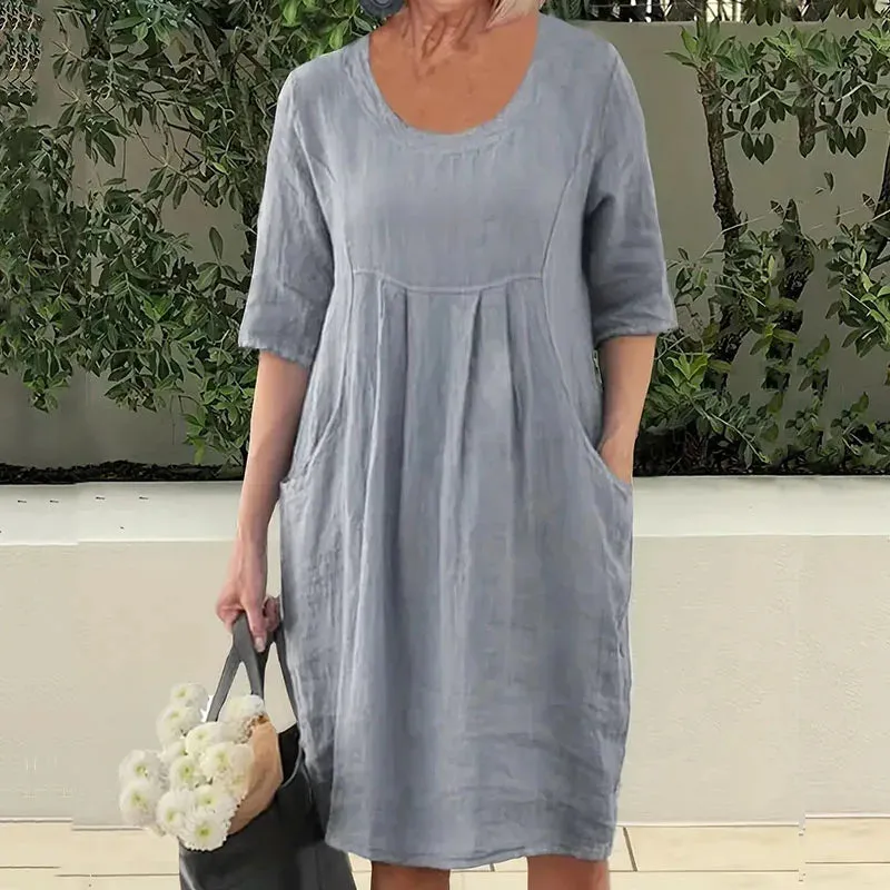 Cotton Linen Pullover Elegant Solid Half Sleeve Loose Midi Elegant Fashion Dress