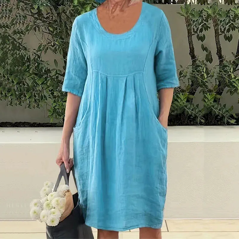 Cotton Linen Pullover Elegant Solid Half Sleeve Loose Midi Elegant Fashion Dress