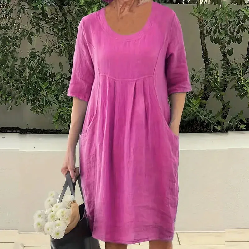 Cotton Linen Pullover Elegant Solid Half Sleeve Loose Midi Elegant Fashion Dress