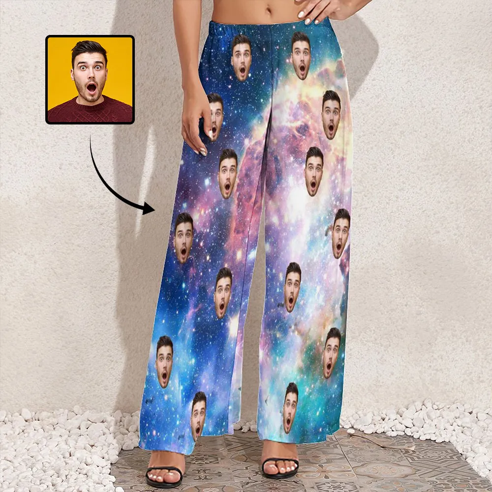 Custom Face Colorful Nebula Women's Wide Leg Pants - Blue