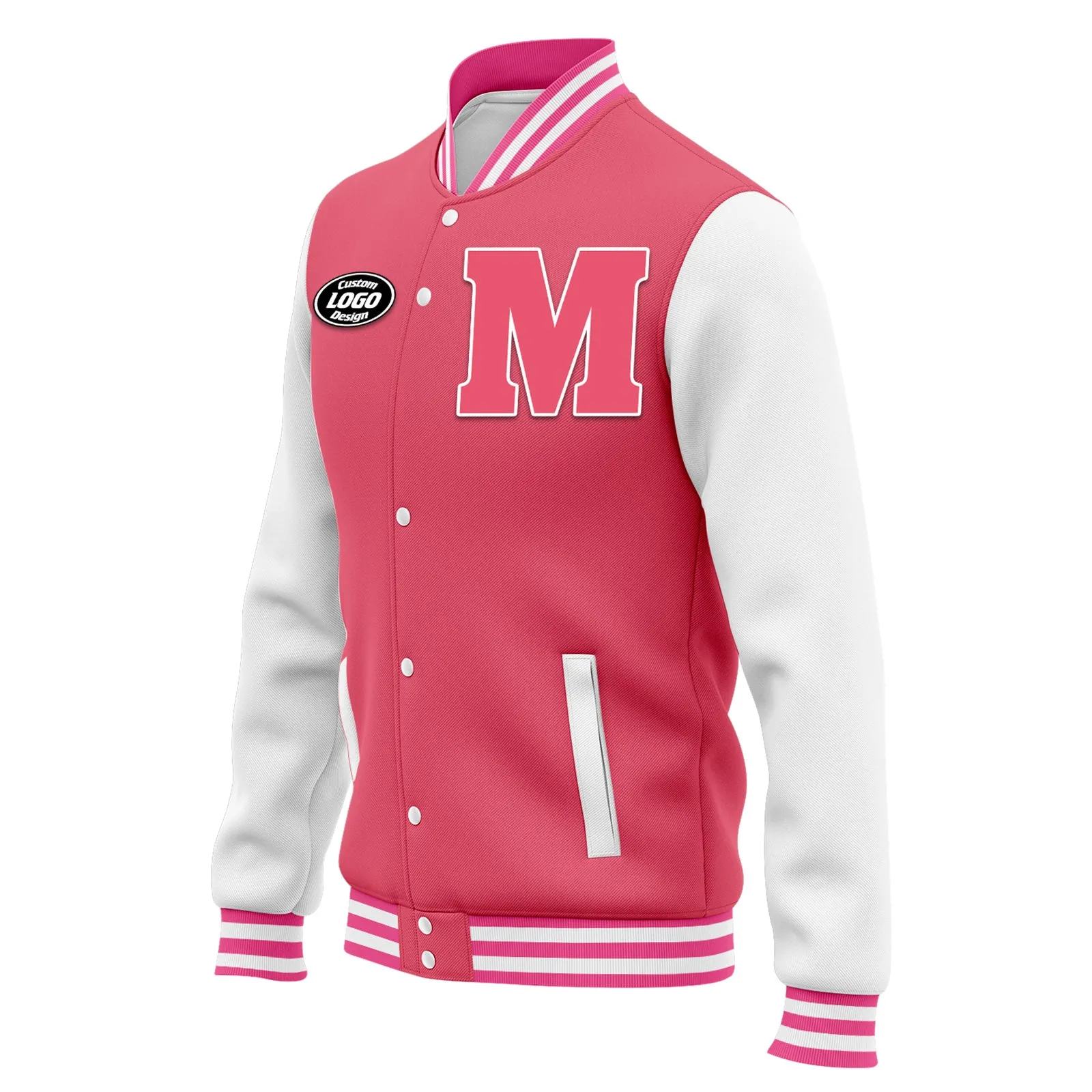 Custom Pink White Waterproof Jacket Bomber Full-Snap Varsity Letterman Personalized Jacket FZ007CD-D020316-14