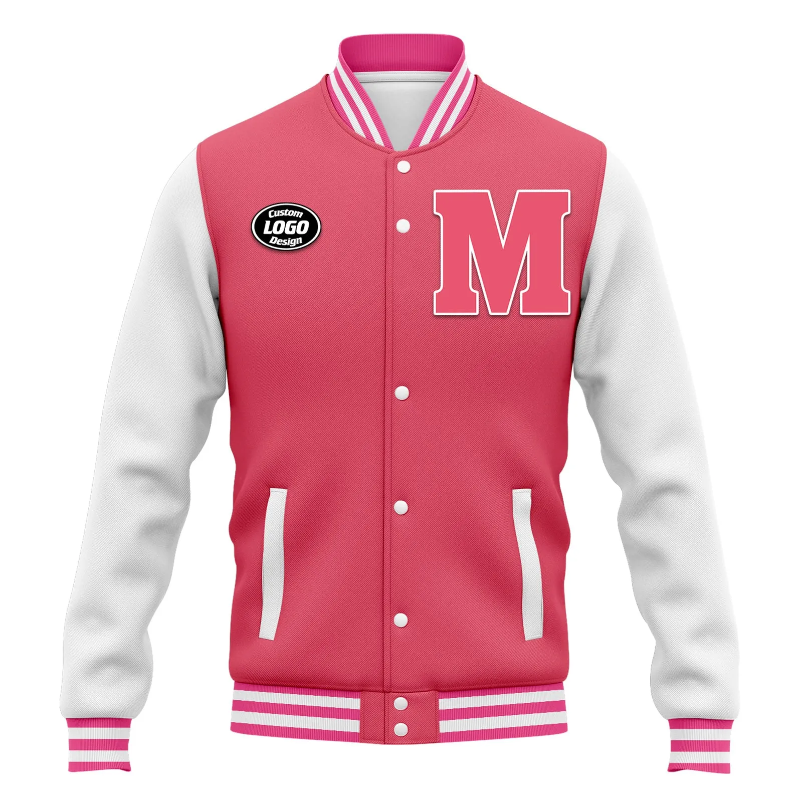 Custom Pink White Waterproof Jacket Bomber Full-Snap Varsity Letterman Personalized Jacket FZ007CD-D020316-14