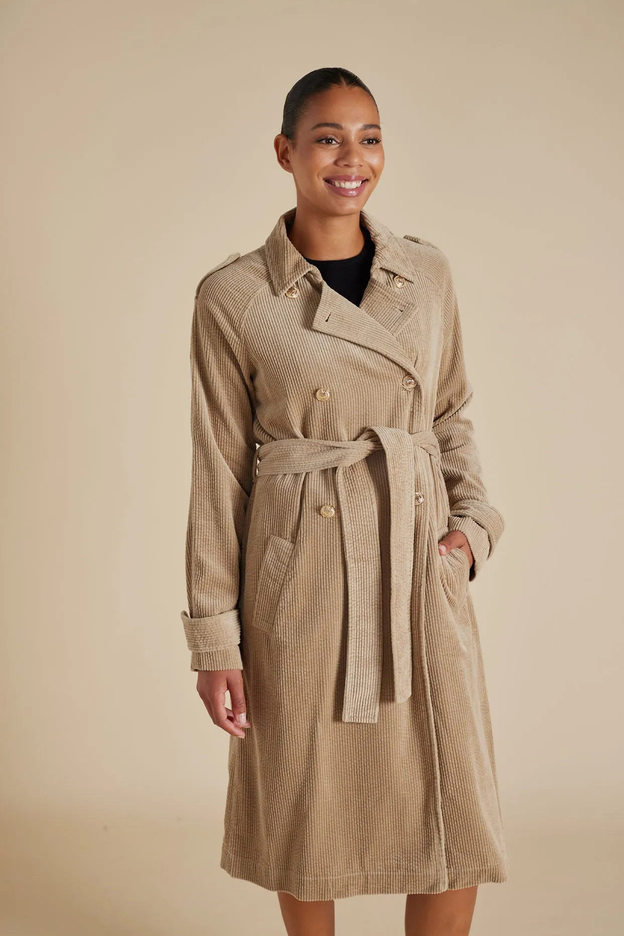 Darcy Corduroy Trench Coat in Camel