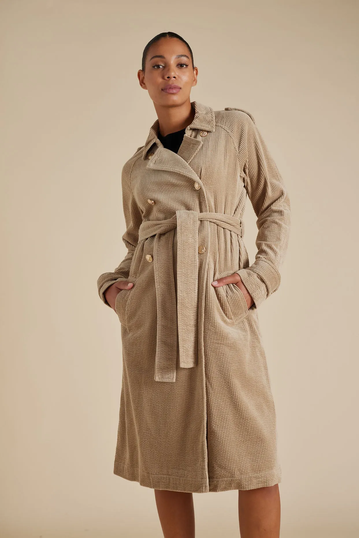 Darcy Corduroy Trench Coat in Camel