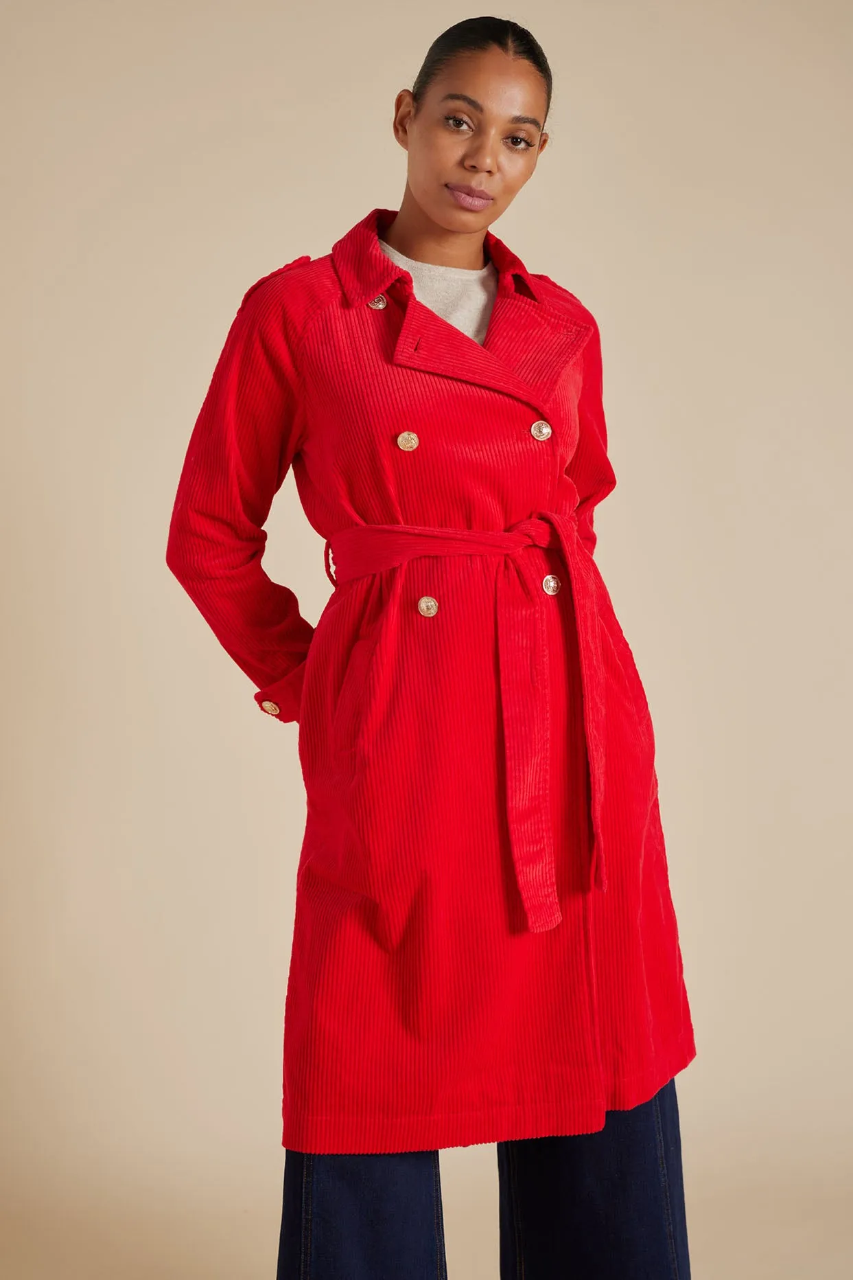 Darcy Corduroy Trench Coat in Red