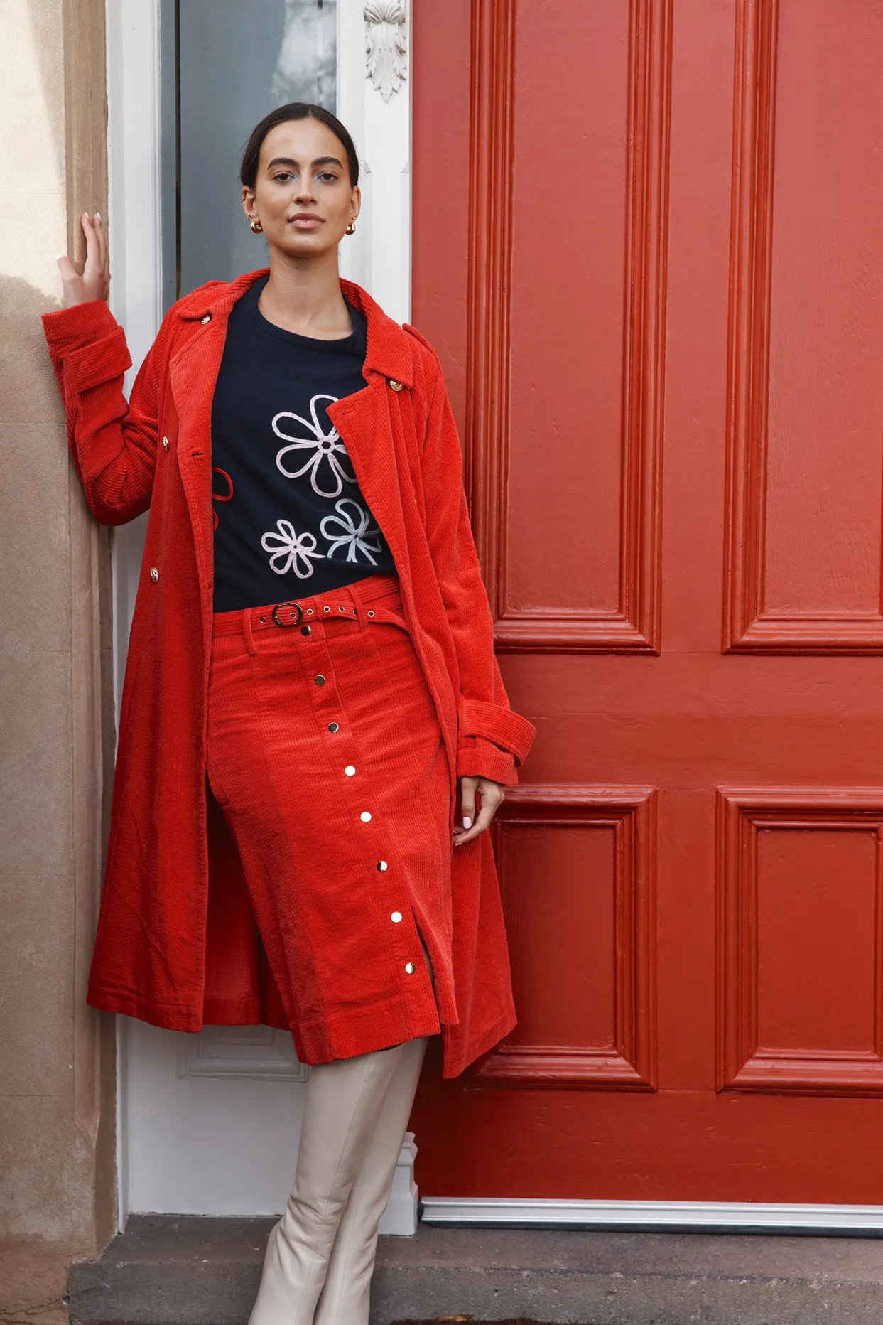 Darcy Corduroy Trench Coat in Red