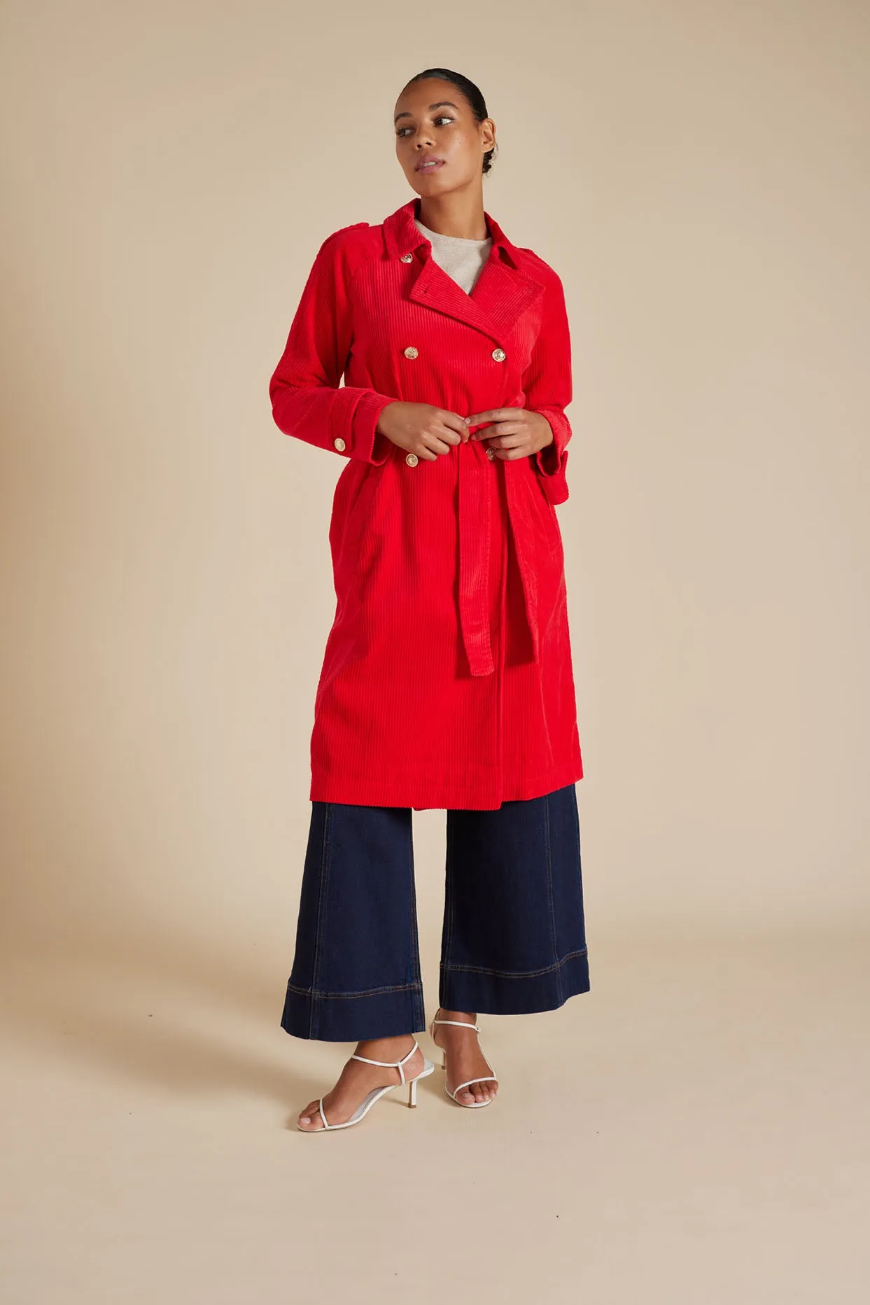 Darcy Corduroy Trench Coat in Red