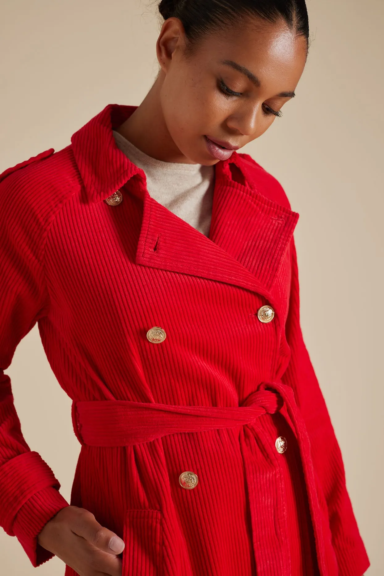 Darcy Corduroy Trench Coat in Red