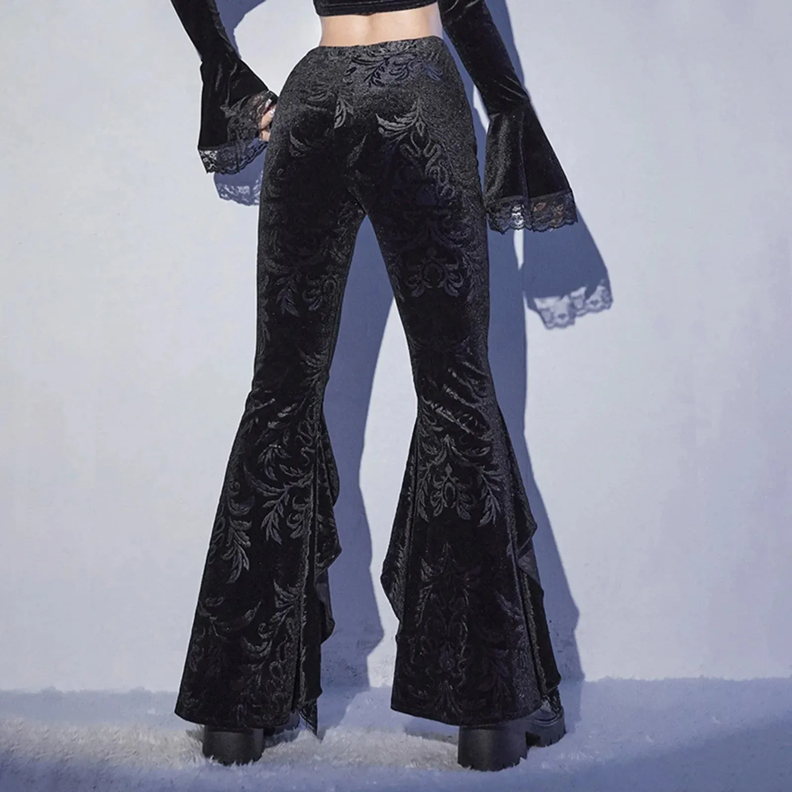 Dark Sexy Solid High Waist Velvet Lace Patchwork Gothic Pants