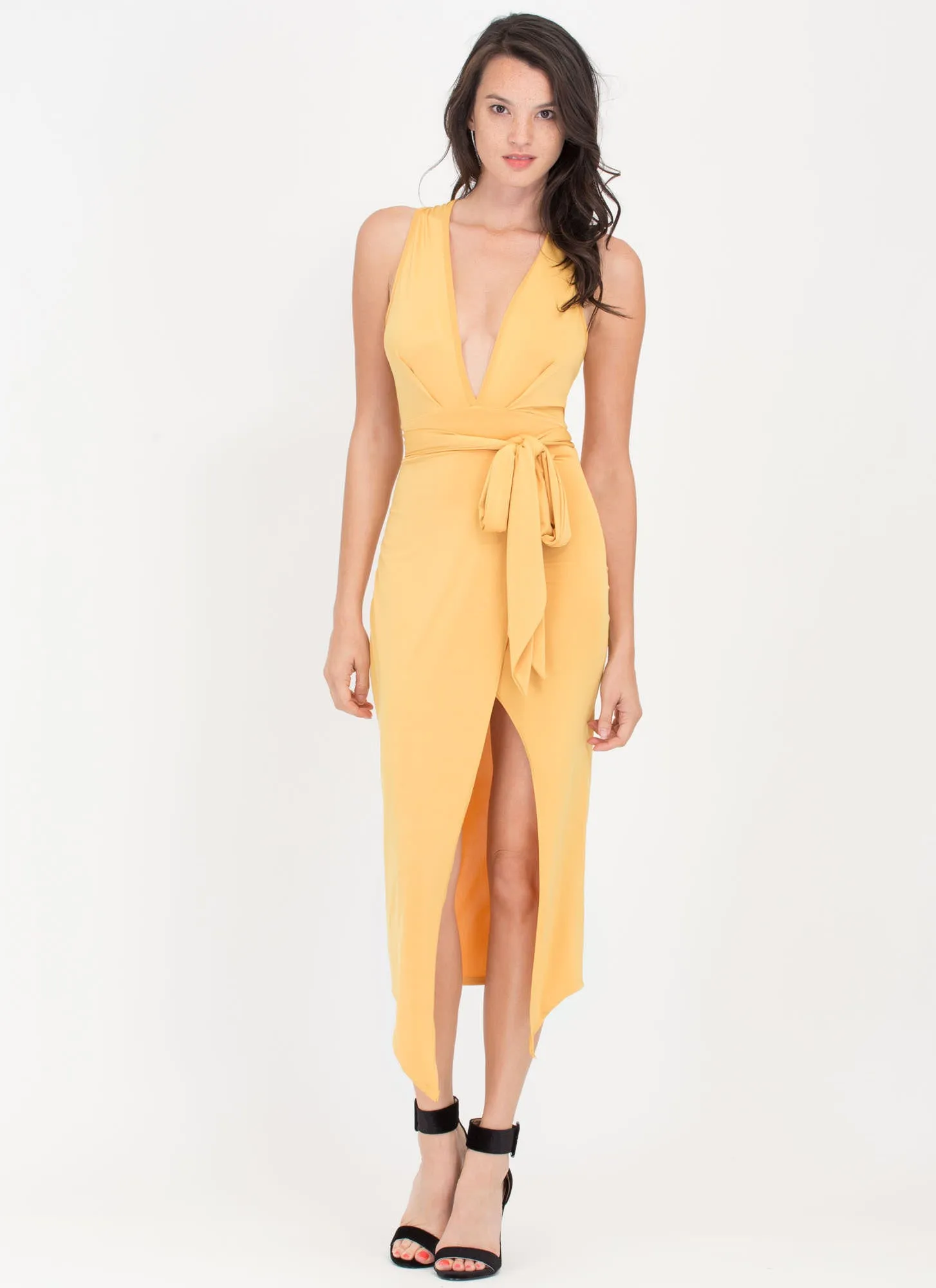 Double Date Plunging Tied Midi Dress