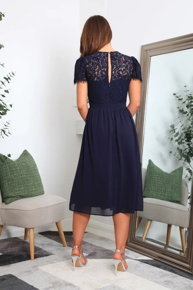 Double Second Lace Wrap Front Midi Dress - Navy