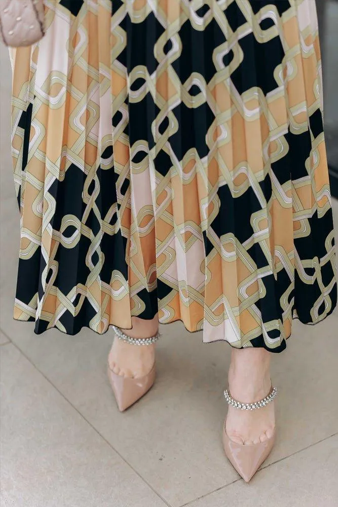 Eadiee set with top and satin pleated maxi skirt in geo print