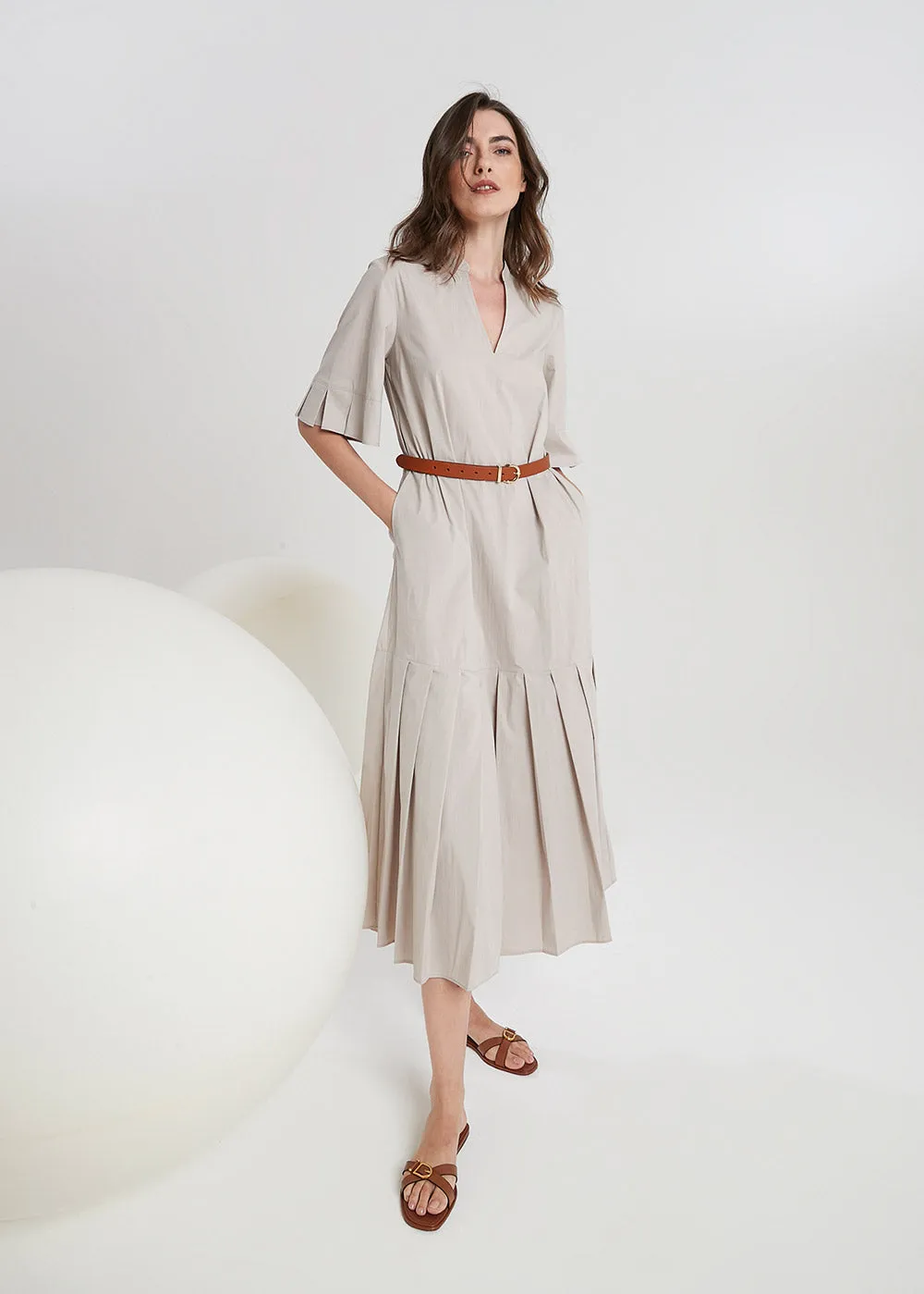 Elbow Sleeve Cotton Midi Dress - Stone