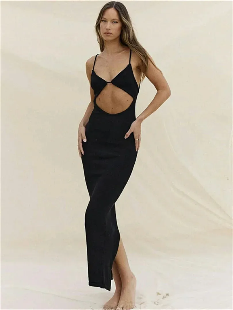 Elegant Backless Suspender Beach Party Dress with V Neck Cutout