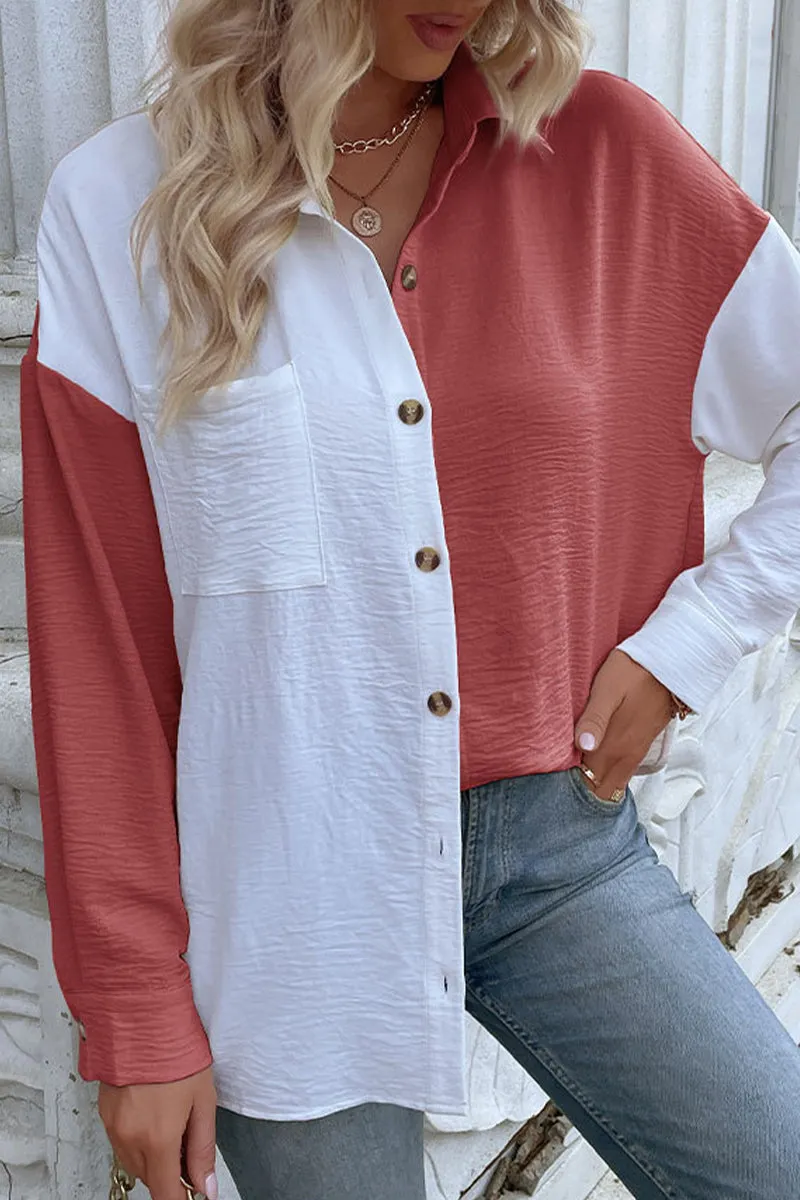 Elegant Color Block Pocket Contrast Turndown Collar Tops