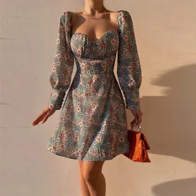 Elegant Dot Floral Print Spring/Summer Women's Sexy Low Cut Square Neck Full Lantern Sleeve High Waist Mini Dress