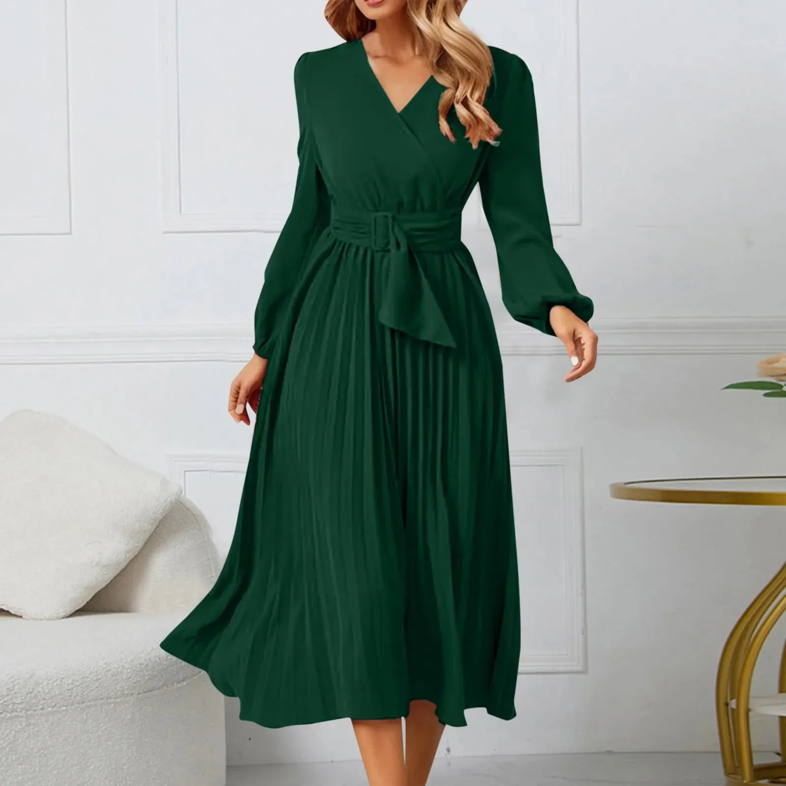 Elegant Long Lantern Sleeve Slim Pleated Solid Evening Party Midi Spring Dress