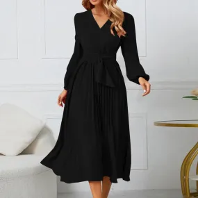 Elegant Long Lantern Sleeve Slim Pleated Solid Evening Party Midi Spring Dress