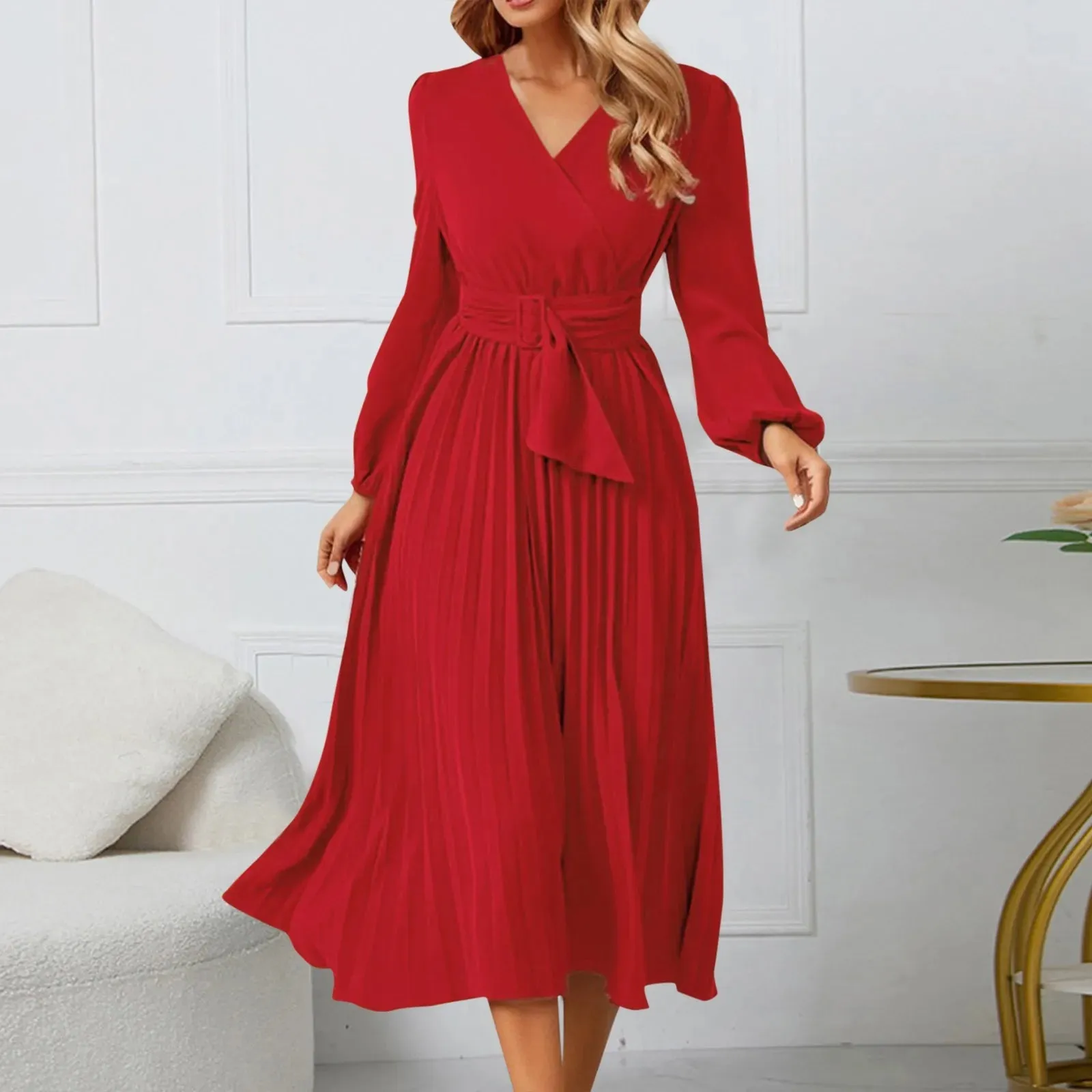 Elegant Long Lantern Sleeve Slim Pleated Solid Evening Party Midi Spring Dress