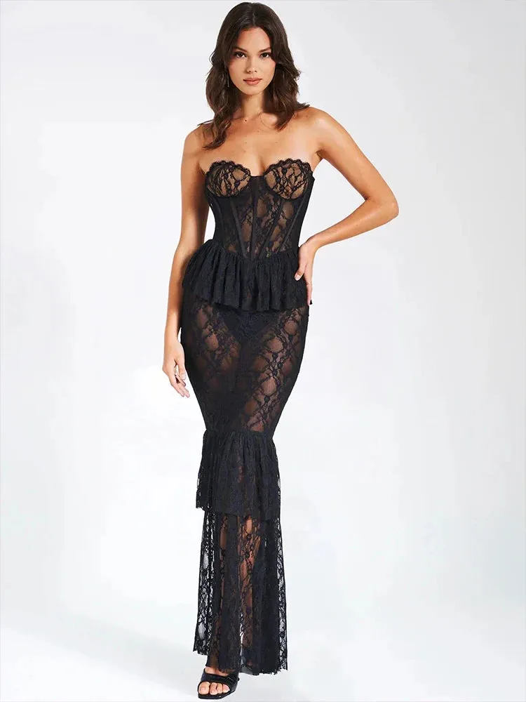 Elegant Perspective Lace Mermaid Backless Long Sexy Spring Summer Maxi Dress