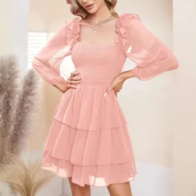 Elegant Pink Women's Square Collar Long Sleeve Chiffon Mini Dress