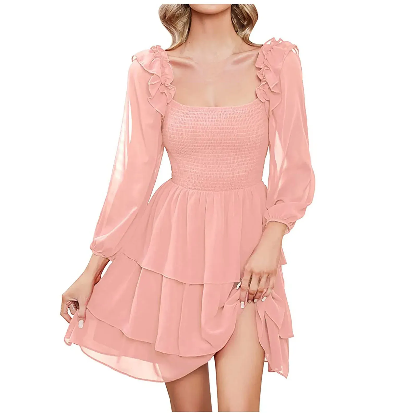 Elegant Pink Women's Square Collar Long Sleeve Chiffon Mini Dress