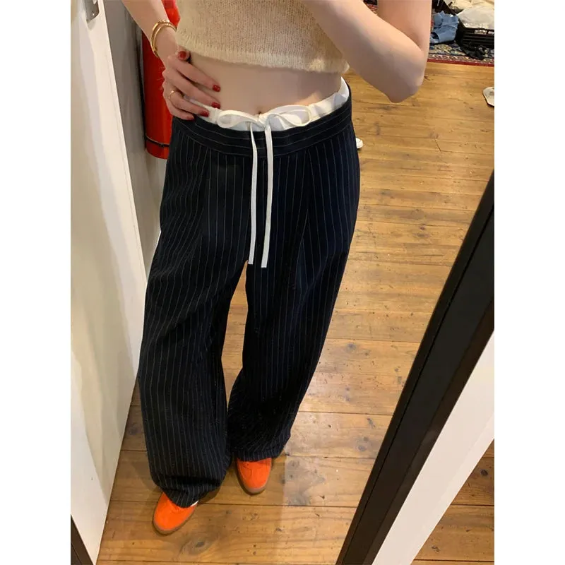 Elegant Striped Suit Pants Women Streetwear Patchwork Wide Leg Pants Office Ladies Korean High Waist Baggy Trousers New