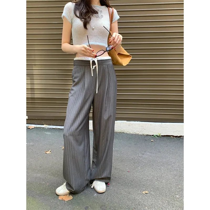 Elegant Striped Suit Pants Women Streetwear Patchwork Wide Leg Pants Office Ladies Korean High Waist Baggy Trousers New