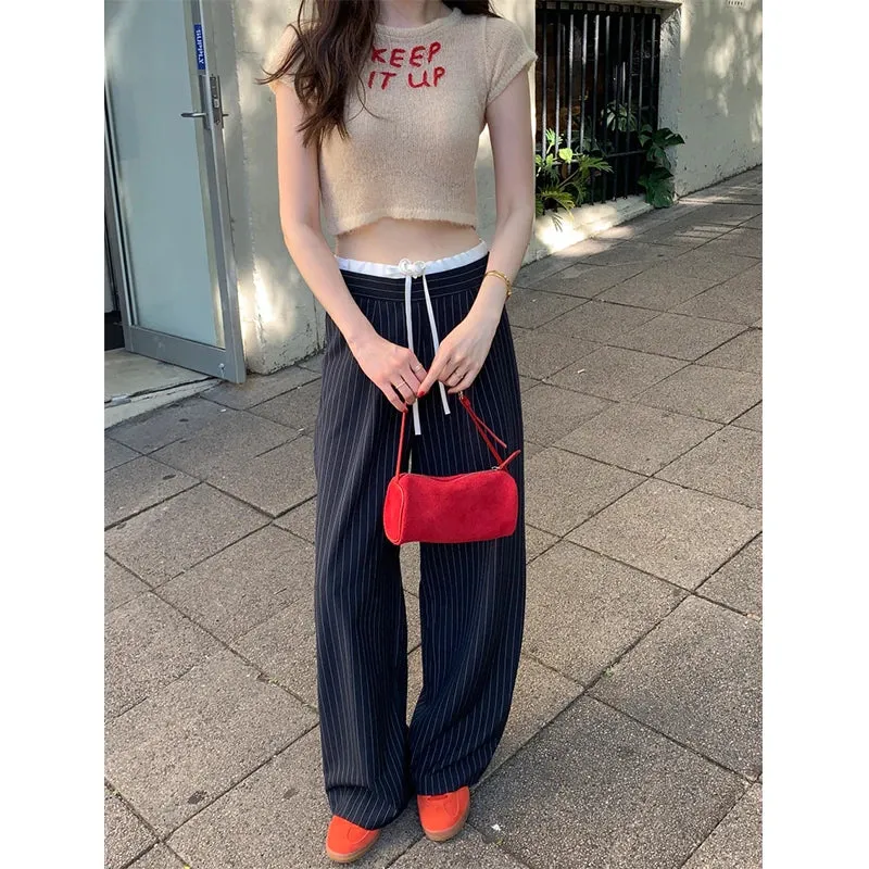 Elegant Striped Suit Pants Women Streetwear Patchwork Wide Leg Pants Office Ladies Korean High Waist Baggy Trousers New