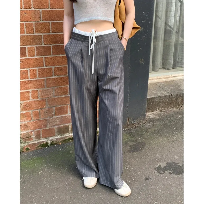 Elegant Striped Suit Pants Women Streetwear Patchwork Wide Leg Pants Office Ladies Korean High Waist Baggy Trousers New