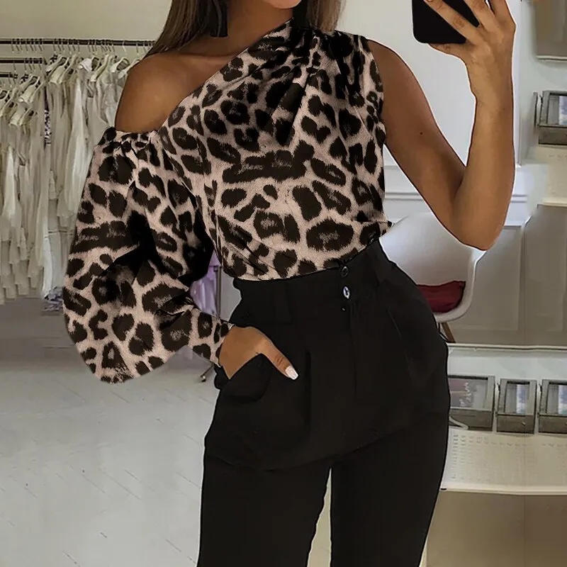 Fashion Satin Blouses Women Sexy Off Shoulder Long Sleeve Party Tops Casual Vintage Leopard Print Elegant Work Blusas